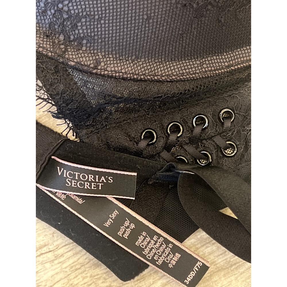 Victorias Secret Very Sexy Push Up Bra Black Lace Corset Side 34DD Underwire